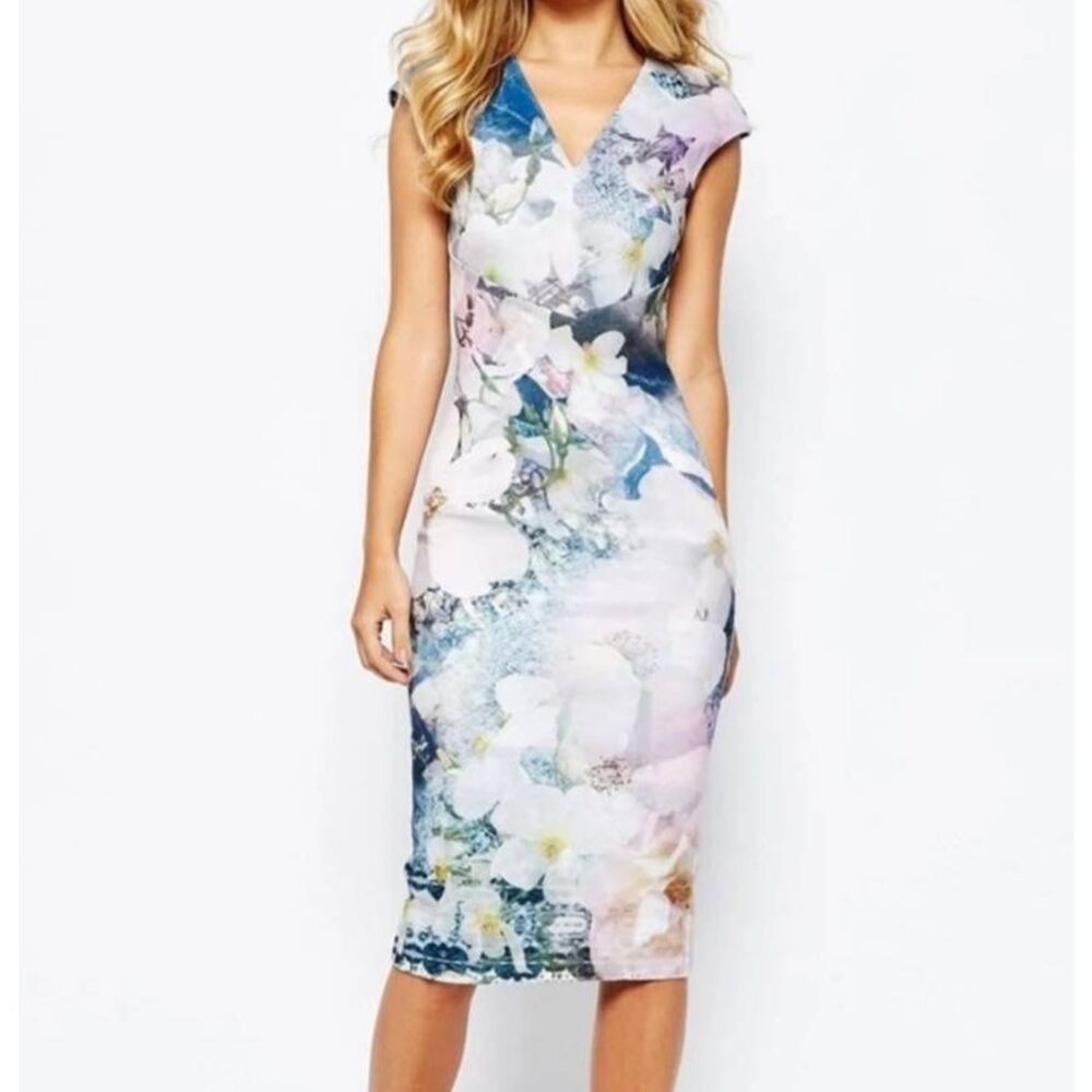 Ted Baker  Blue Amily Floral Geo Bodycon Dress sz 2 (US 6)
